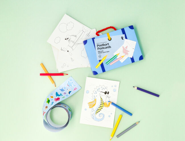 stickers, pencils and postcards